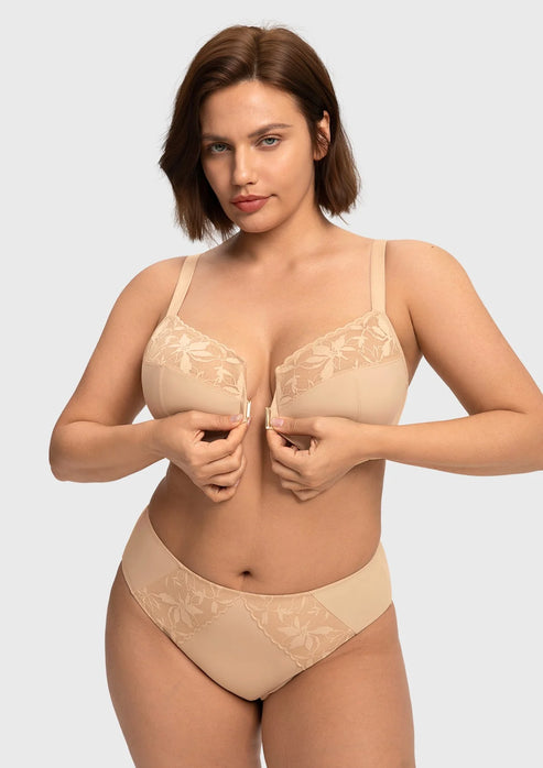 Braselle Anemone Unlined Plus Size Front Closure 3/4 Cup Underwire Back Support Bra Lace Trim for Sculpted Lift Womenswear