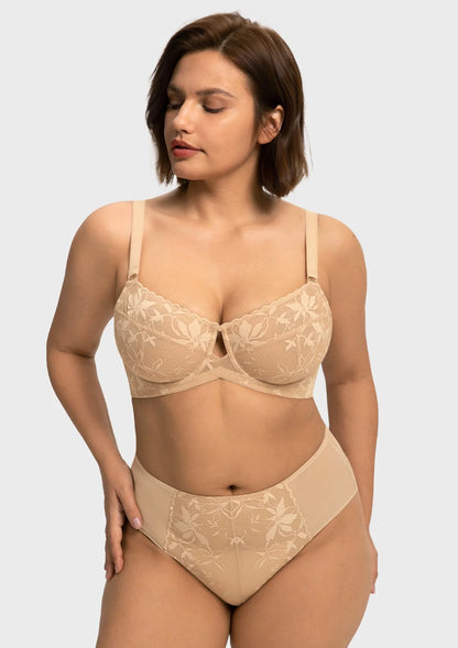 Braselle Petalia Plus Size Seamless Lace Underwire Balconette Demi No Padded Bra with High Elastic Fabric Delicate Lace Trim Cutout & Adjustable Straps