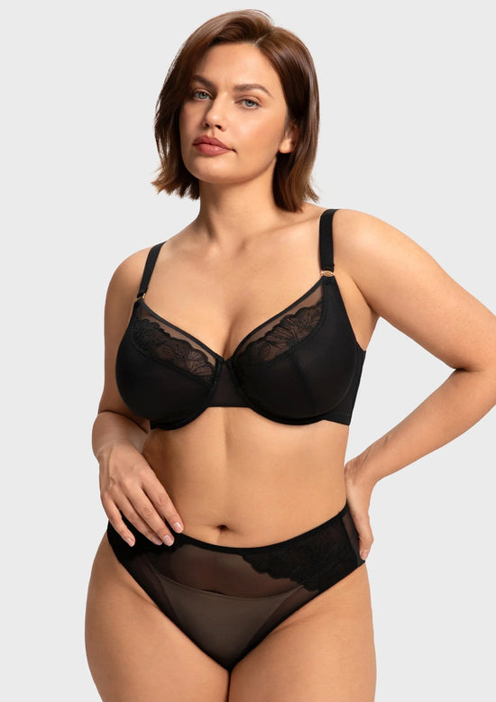 Braselle Yumi Unlined Sheer Embroidery Lace Full Coverage Bra Elegant Sculpting Support Dark Pink