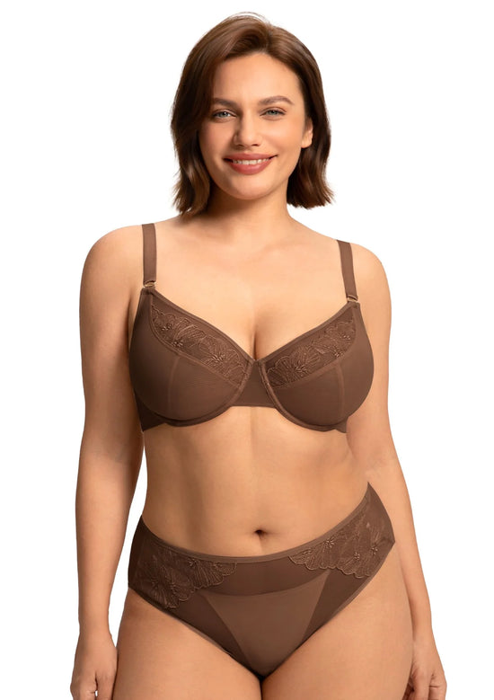 Braselle Yumi Unlined Sheer Embroidery Lace Full Coverage Bra Elegant Sculpting Support Dark Pink