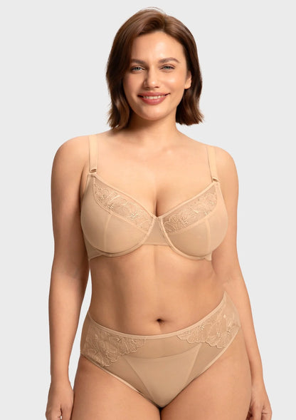 Braselle Yumi Unlined Sheer Embroidery Lace Full Coverage Bra Elegant Sculpting Support Dark Pink
